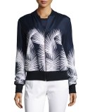 Palm-Print Stretch-Silk Bomber Jacket, Navy/Bianco