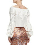 Anna Beth Embroidered-Yoke Bishop-Sleeve Blouse, White