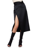 Satin Knotted Tea-Length Skirt, Black
