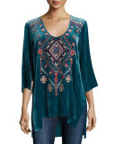 Lorne 3/4-Sleeve Embroidered Velvet Top