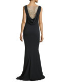 Sleeveless Metallic Cowl-Back Gown 