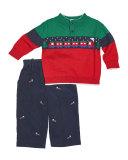 Colorblock Train Sweater w/ Corduroy Pants, Navy, Size 12-24 Months