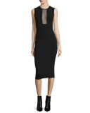 Sleeveless Mesh-Inset Midi Dress, Black