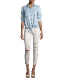 The Ankle Skinny Floral-Print Jeans with Distressing, White