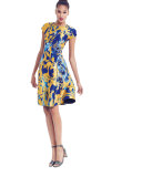Short-Sleeve Floral Jacquard Fit & Flare Dress 