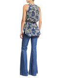 Sleeveless Shirred Floral Blouse, Birch/Denim