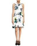 Sleeveless Ikebana-Print Peplum Dress, White/Blue/Green