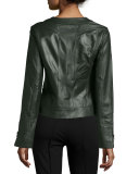 Collarless Zip-Front Lambskin Leather Jacket, Hunter Green