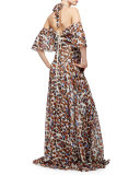 Halter-Neck Floral-Print Silk Chiffon Gown, Natural/Multi Colors