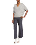 Half-Sleeve Knit Pullover Top, Pale Gray