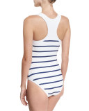 Classics Zip-Front One-Piece Swimsuit, White/Blue Stripe