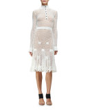 Long-Sleeve Button-Front Crochet Dress, White