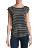 Adelise Striped Cap-Sleeve Linen T-Shirt, Black