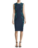 Sleeveless Embroidered Sheath Dress, Green/Multi