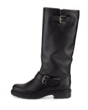 Crista Leather Buckle Knee Boot, Black