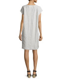 Short-Sleeve Check Linen Slub Dress, Soft White