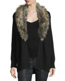 Evina Open-Front Cardigan w/Detachable Faux Fur Collar, Caviar