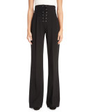 Estrada High-Rise Laced Wide-Leg Pants, Black