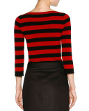 Striped Boat-Neck 3/4-Sleeve Tee, Black/Pomegranate