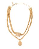 Double-Row Braided Suede Choker Necklace w/ Druzy Stones, Beige