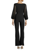 Daul Sheer-Sleeve Flare-Leg Jersey Jumpsuit, Black