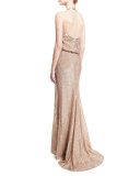 Beaded Deep-V Halter Gown, Pink Metallic