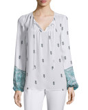 Lilly Silk Mixed-Print Peasant Blouse, Palm 