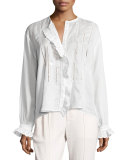 Ruffled-Placket Eyelet Blouse, White