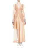 Pleated Lace-Trimmed Gown, Peach