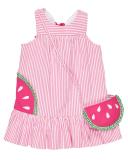 Sleeveless Striped Seersucker Sundress w/ Watermelon Bag, Pink, Size 2T-6X