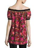 Off-The-Shoulder Embroidered Peasant Top, Black/Red