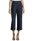 Sailor-Button Wide-Leg Cropped Pants, Midnight