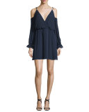 Silk Cold-Shoulder Blouson Mini Dress, Midnight