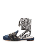 Denim/Ribbon Ankle-Wrap Slide Flat, Bleu