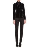 Velvet Jersey-Panel Moto Jacket, Black