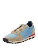 Men's Suede & Technical Satin Trainers with Check Trim, Light Taupe/Brown/Powder Blue 