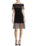 Wave-Lace Off-the-Shoulder Dress, Black