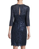 Sequin Lace V-Neck Sheath Dress, Navy 