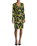 Long-Sleeve Faux-Wrap Dress, Carnation