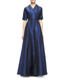 Half-Sleeve Faux-Wrap Gown