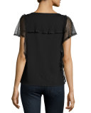 Short-Sleeve Point d'Esprit-Trim Top, Nero