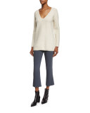 Long-Sleeve V-Neck Textured Pullover, White/Camel