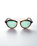 Round Mirrored Brow-Bar Sunglasses, Brown/Green
