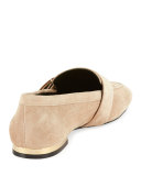 Suede Metal-Buckle Loafer, Beige