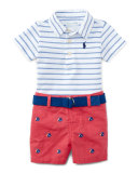 Striped Oxford Mesh Polo Shirt w/ Schiffli Shorts, Indigo Sky/Multicolor