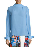 Long-Sleeve Silk Blouse, Cornflower Blue