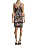 Sleeveless Floral Lace-Inset Sheath Dress, Multi
