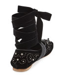 Velvet Ankle-Wrap Ballerina Flat, Nero