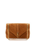 Monogram Large Tri-Quilt Suede Slouchy Chain-Strap Shoulder Bag, Dark Brown