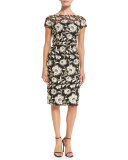 Short-Sleeve Floral Jacquard Sheath Cocktail Dress